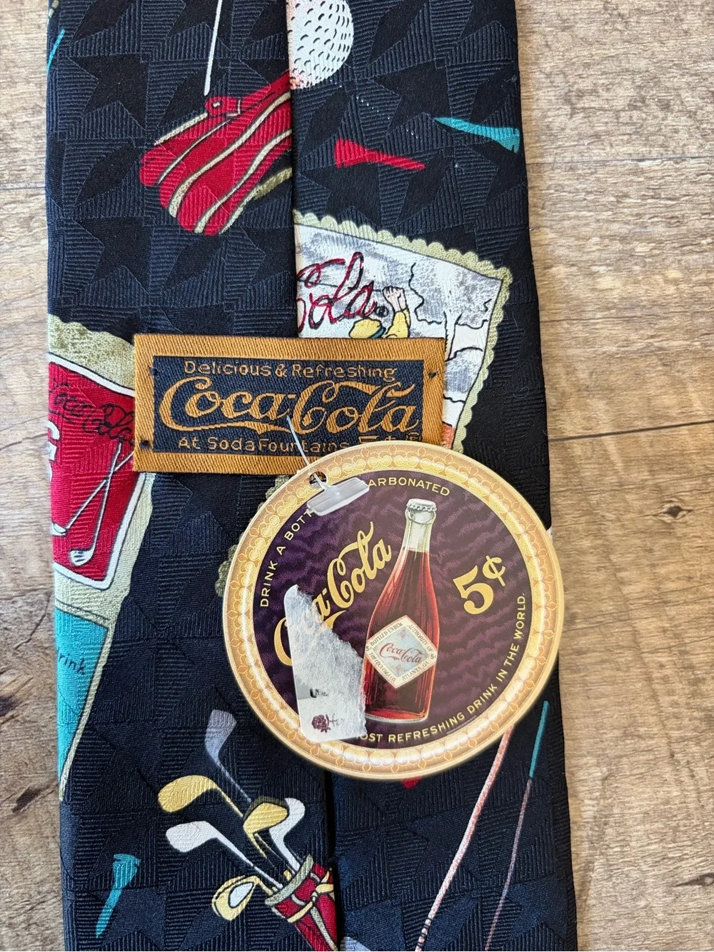 Vintage Coca Cola Golf-Themed Novelty Print Patterned Black Neck Tie
